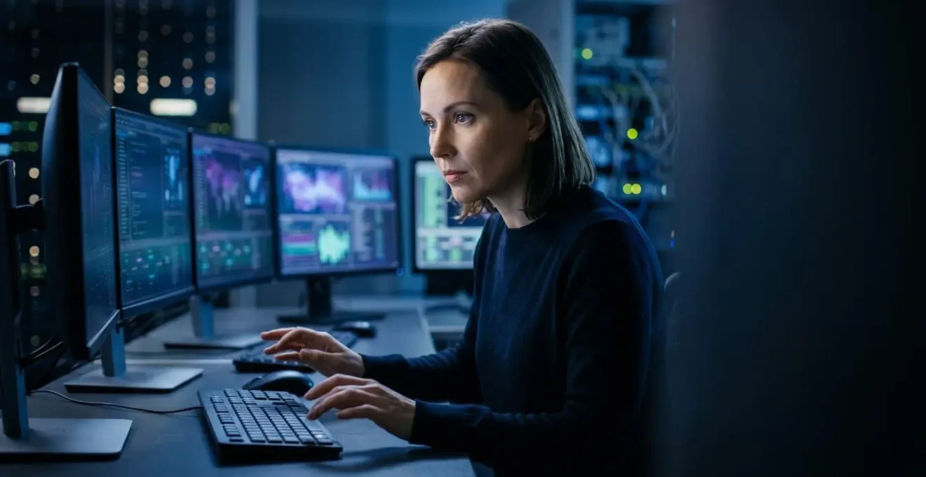 Expert en cybersécurité analysant des données numériques dans un environnement sécurisé pour protéger la responsabilité juridique