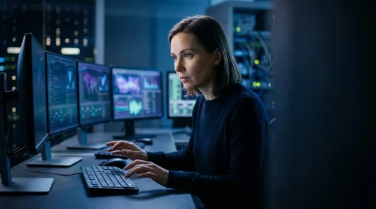 Expert en cybersécurité analysant des données numériques dans un environnement sécurisé pour protéger la responsabilité juridique