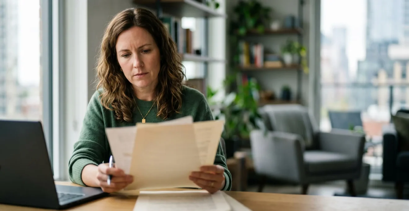 Professionnel analysant des documents de contrat d'assurance dans un environnement de travail contemporain