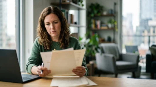 Professionnel analysant des documents de contrat d'assurance dans un environnement de travail contemporain