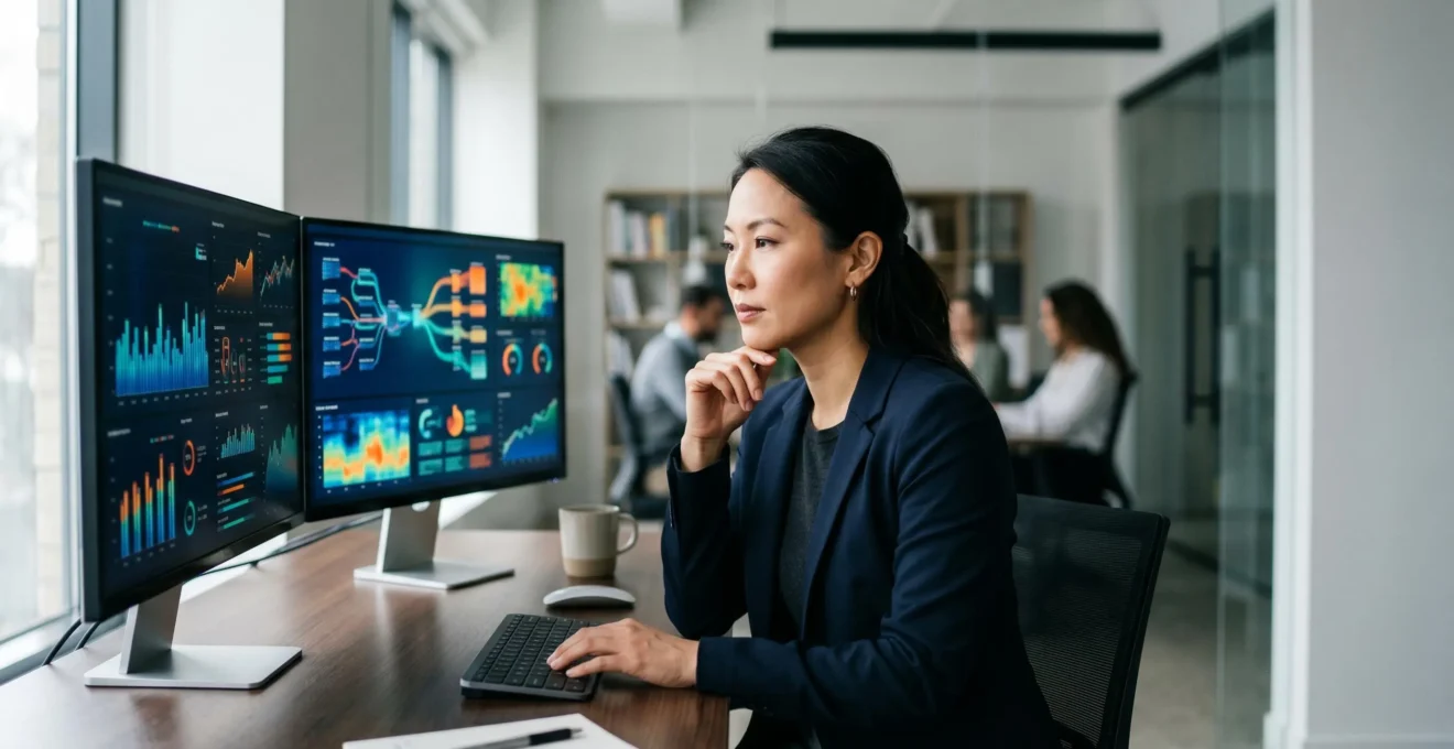 Un professionnel examinant des données de cybersécurité avec des graphiques de performance et indicateurs de réduction de risque