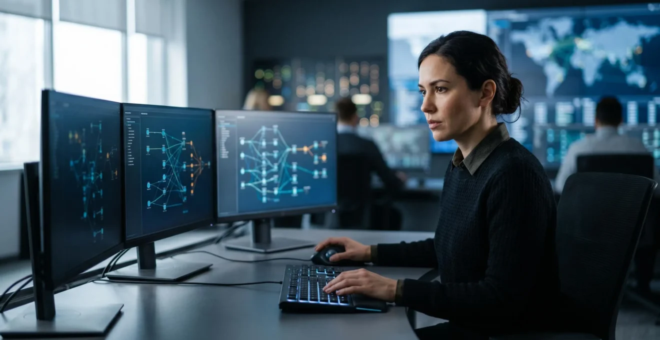 Professionnel de la cybersécurité analysant un incident de sécurité dans un environnement de crise contrôlée