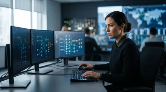 Professionnel de la cybersécurité analysant un incident de sécurité dans un environnement de crise contrôlée