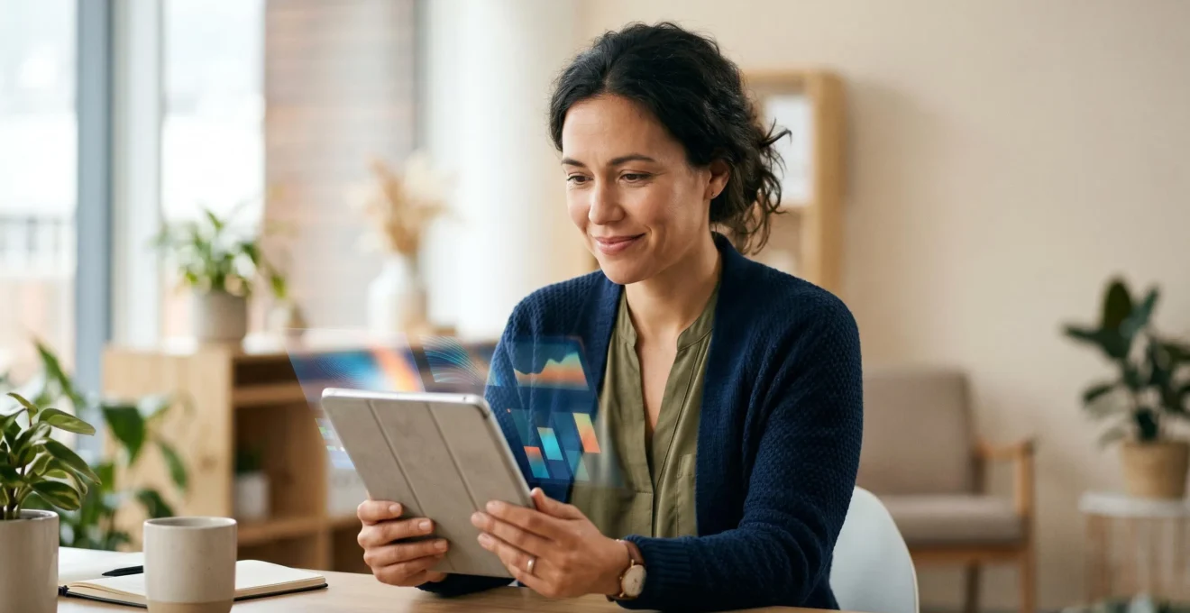 Dirigeant de PME analysant des données sur tablette dans environnement professionnel épuré