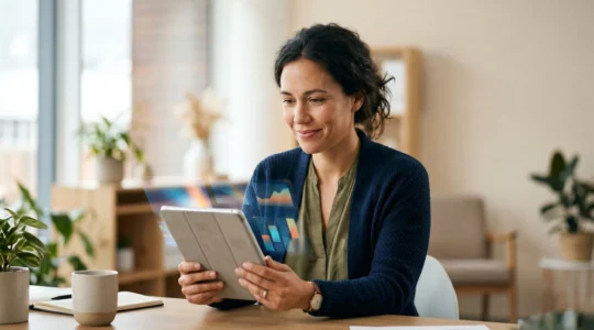 Dirigeant de PME analysant des données sur tablette dans environnement professionnel épuré