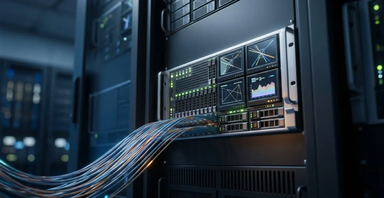 Serveur informatique avec ecrans de surveillance montrant des systemes de securite, dans un datacenter moderne eclairage froid