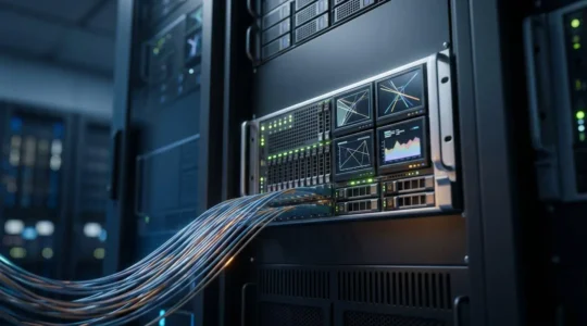 Serveur informatique avec ecrans de surveillance montrant des systemes de securite, dans un datacenter moderne eclairage froid