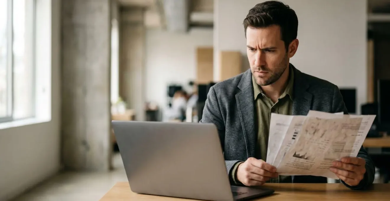 Professionnel informatique analysant les garanties d'un contrat d'assurance RC Pro face aux risques de bugs logiciels