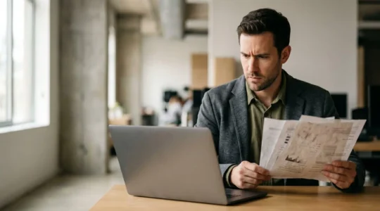 Professionnel informatique analysant les garanties d'un contrat d'assurance RC Pro face aux risques de bugs logiciels