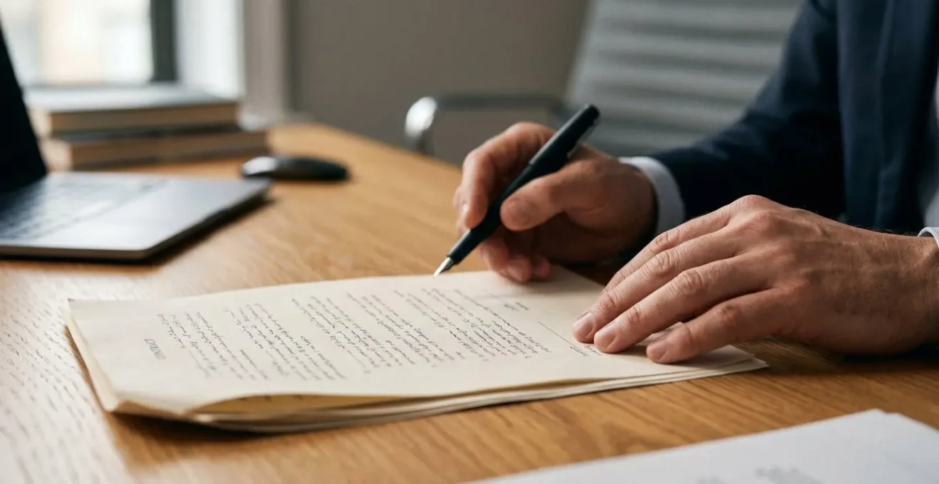 Gros plan sur des mains d'un professionnel examinant attentivement un document contractuel avec stylo, illustrant la vigilance juridique
