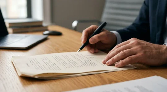 Gros plan sur des mains d'un professionnel examinant attentivement un document contractuel avec stylo, illustrant la vigilance juridique