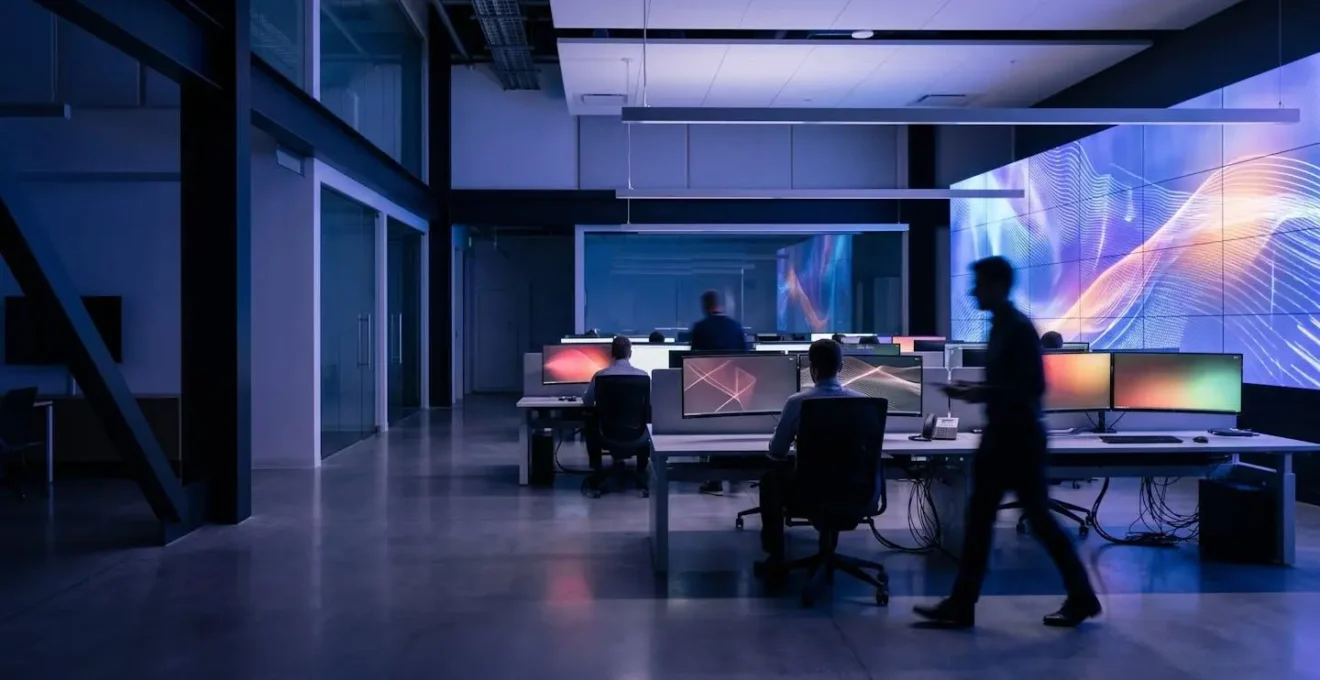 Salle de contrôle informatique moderne avec écrans affichant des données de cybersécurité en temps réel