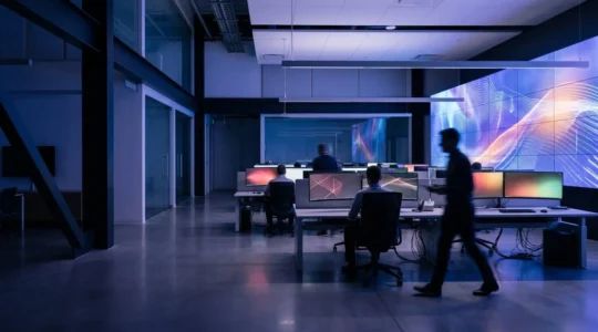 Salle de contrôle informatique moderne avec écrans affichant des données de cybersécurité en temps réel