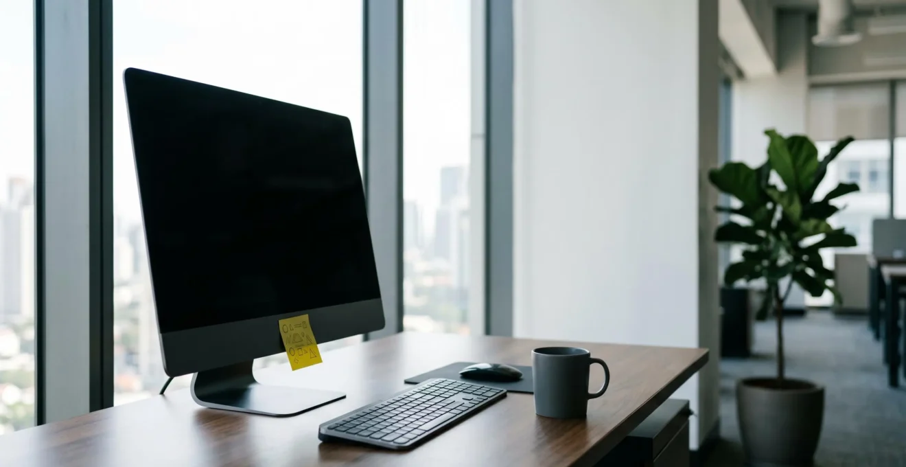 Un bureau moderne avec un écran d'ordinateur où un employé place discrètement un post-it jaune avec des informations sensibles, symbolisant les mauvaises pratiques en hygiène informatique