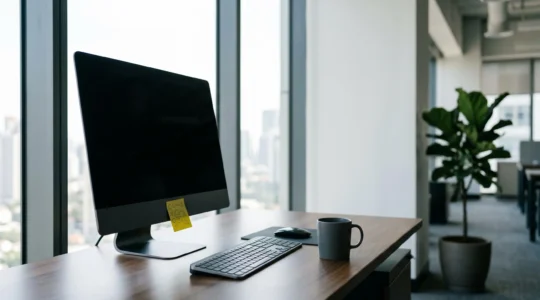 Un bureau moderne avec un écran d'ordinateur où un employé place discrètement un post-it jaune avec des informations sensibles, symbolisant les mauvaises pratiques en hygiène informatique
