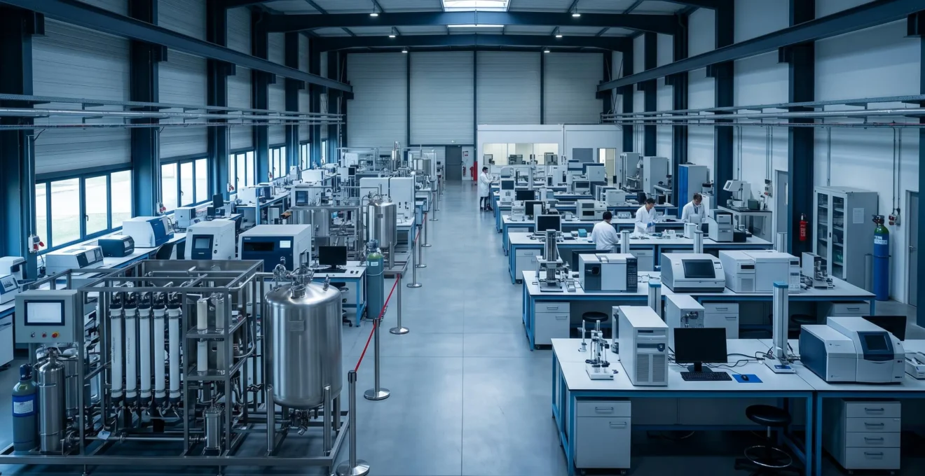 Vue minimaliste d'un environnement de laboratoire technologique français avec équipement de recherche innovant