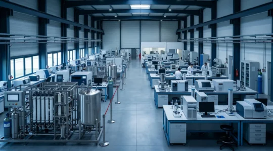 Vue minimaliste d'un environnement de laboratoire technologique français avec équipement de recherche innovant