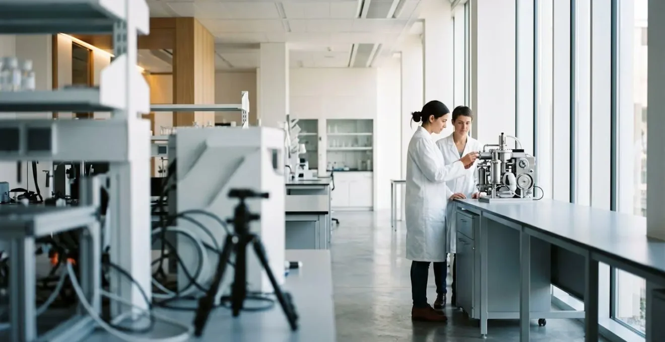 Chercheurs travaillant sur un prototype technologique dans un laboratoire de recherche moderne