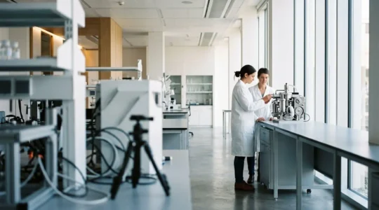 Chercheurs travaillant sur un prototype technologique dans un laboratoire de recherche moderne