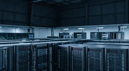 Centre de données moderne avec serveurs alignés et équipements réseau dans une atmosphère professionnelle