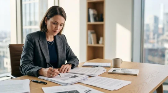 Entrepreneur consultant des documents juridiques internationaux dans un espace de travail moderne