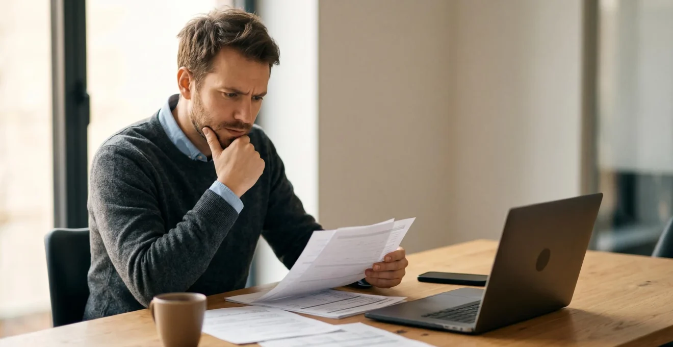 Entrepreneur examinant des documents administratifs avec préoccupation concernant l'immatriculation et les codes NAF