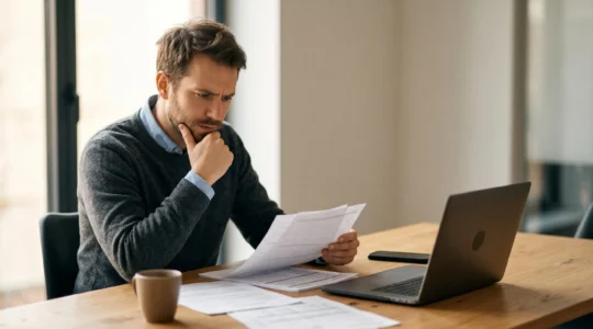 Entrepreneur examinant des documents administratifs avec préoccupation concernant l'immatriculation et les codes NAF