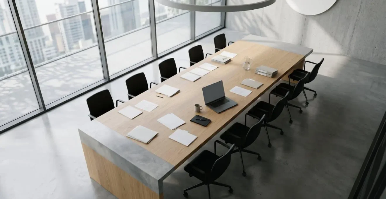 Vue aérienne d'une salle de négociation moderne avec documents éparpillés et éclairage naturel dramatique
