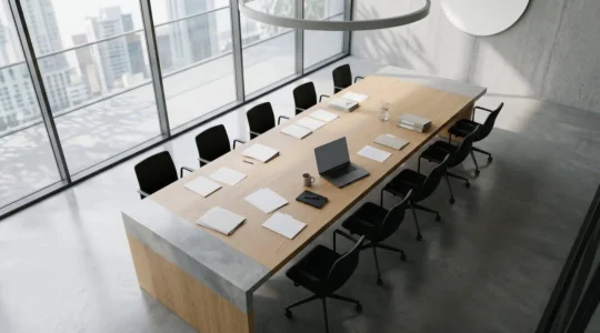 Vue aérienne d'une salle de négociation moderne avec documents éparpillés et éclairage naturel dramatique