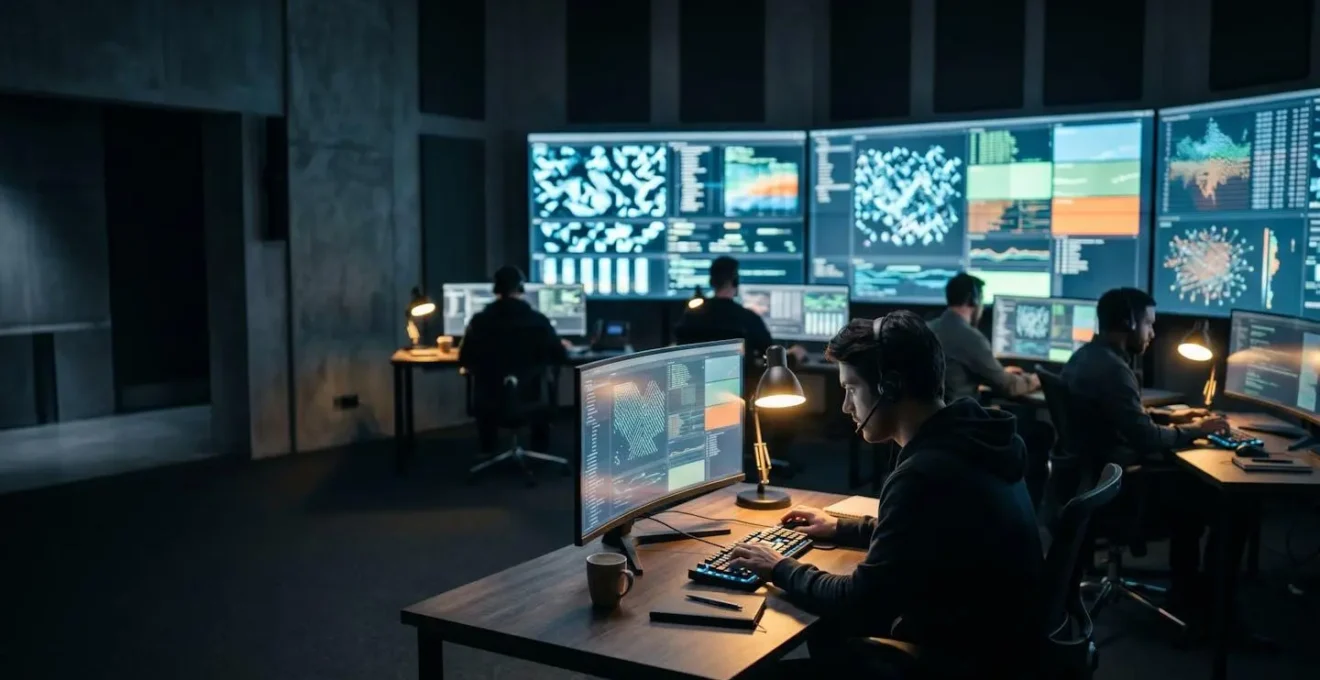 Scène de gestion de crise cyber dans une salle de contrôle avec écrans affichant des systèmes informatiques en mode urgence