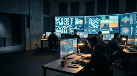 Scène de gestion de crise cyber dans une salle de contrôle avec écrans affichant des systèmes informatiques en mode urgence