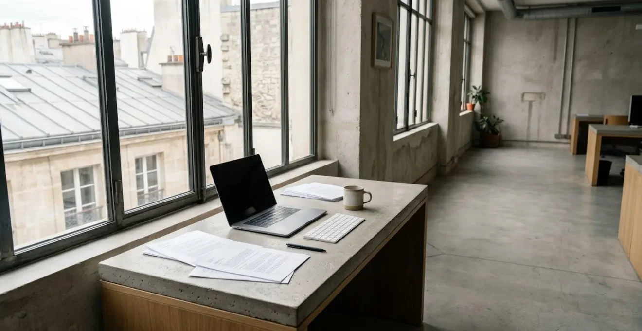 Environnement de travail moderne d'une startup en phase de lancement avec documentation et outils stratégiques