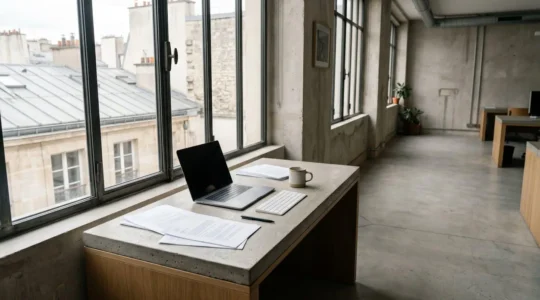 Environnement de travail moderne d'une startup en phase de lancement avec documentation et outils stratégiques