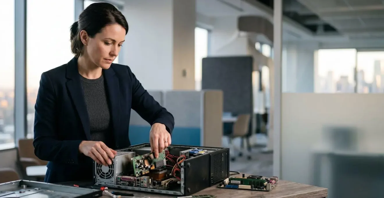 Expert d'assurance évaluant du matériel informatique endommagé lors d'une expertise de sinistre professionnelle
