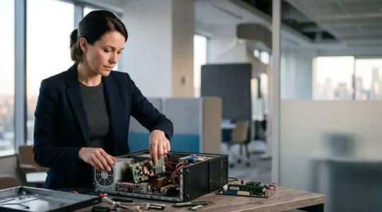 Expert d'assurance évaluant du matériel informatique endommagé lors d'une expertise de sinistre professionnelle