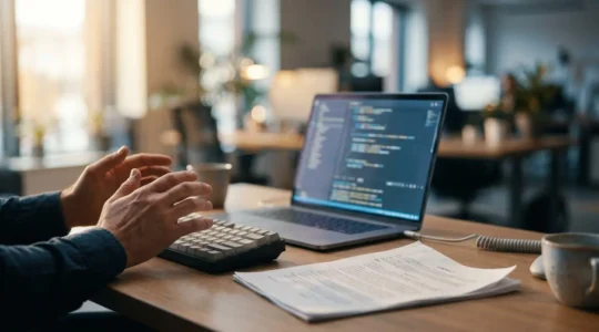 Développeur face à un écran avec code complexe illustrant les risques informatiques non couverts par assurance classique