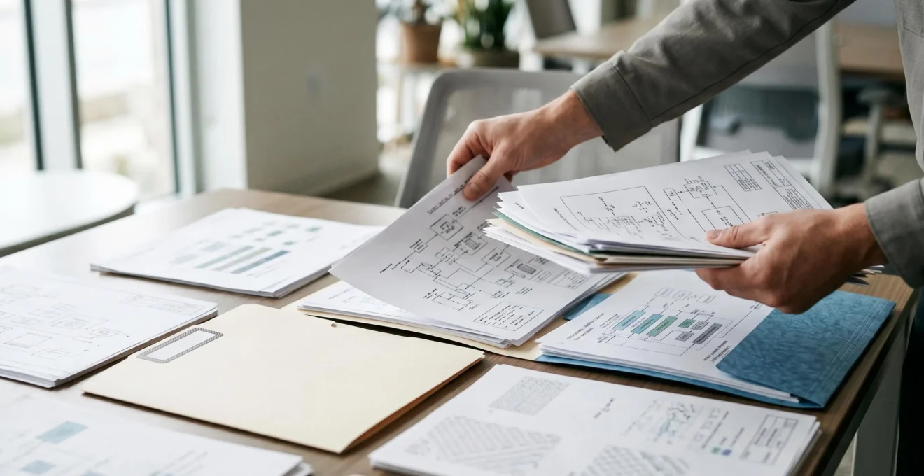 Professionnel examinant des documents techniques de recherche et développement pour la préparation d'un contrôle fiscal