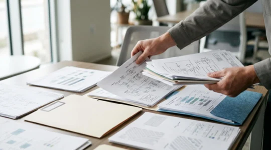 Professionnel examinant des documents techniques de recherche et développement pour la préparation d'un contrôle fiscal