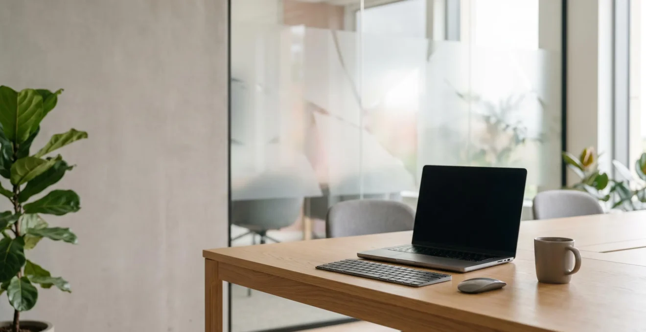 Environnement de travail collaboratif moderne avec des dispositifs sécurisés représentant la protection des données sensibles