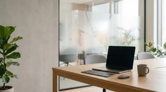 Environnement de travail collaboratif moderne avec des dispositifs sécurisés représentant la protection des données sensibles