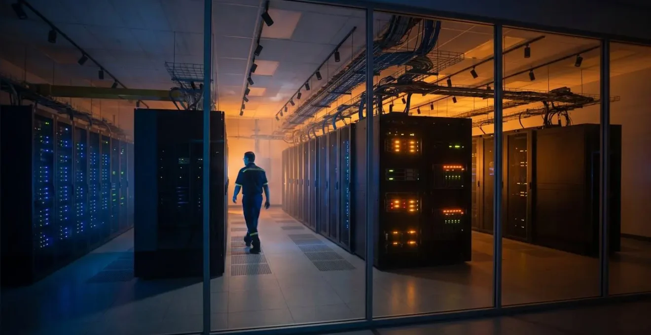 Scène de continuité d'activité après un incident majeur dans un datacenter moderne