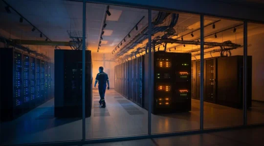 Scène de continuité d'activité après un incident majeur dans un datacenter moderne