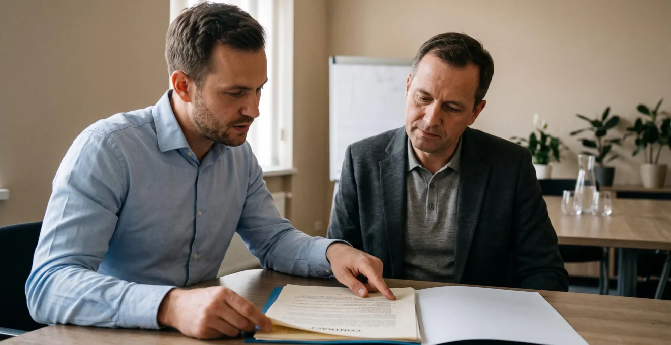 Un consultant explique une clause d'un dossier contractuel à un dirigeant en réunion.