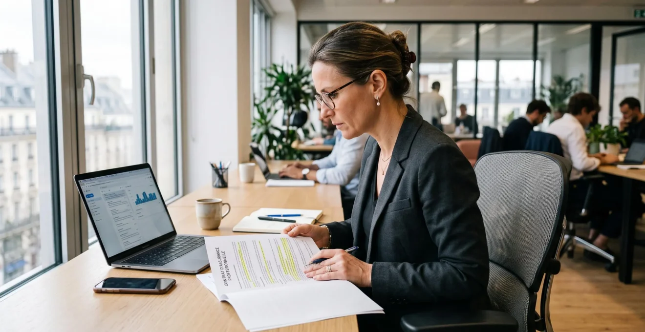 Une dirigeante relit attentivement un contrat d'assurance annoté dans son bureau.