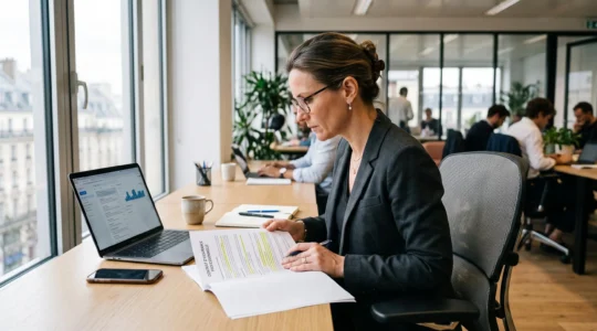 Une dirigeante relit attentivement un contrat d'assurance annoté dans son bureau.
