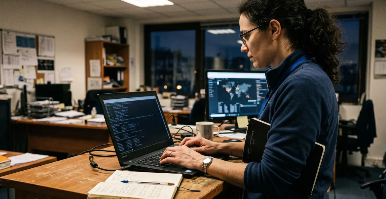 Une technicienne configure un pare-feu sur un ordinateur portable dans un petit bureau.